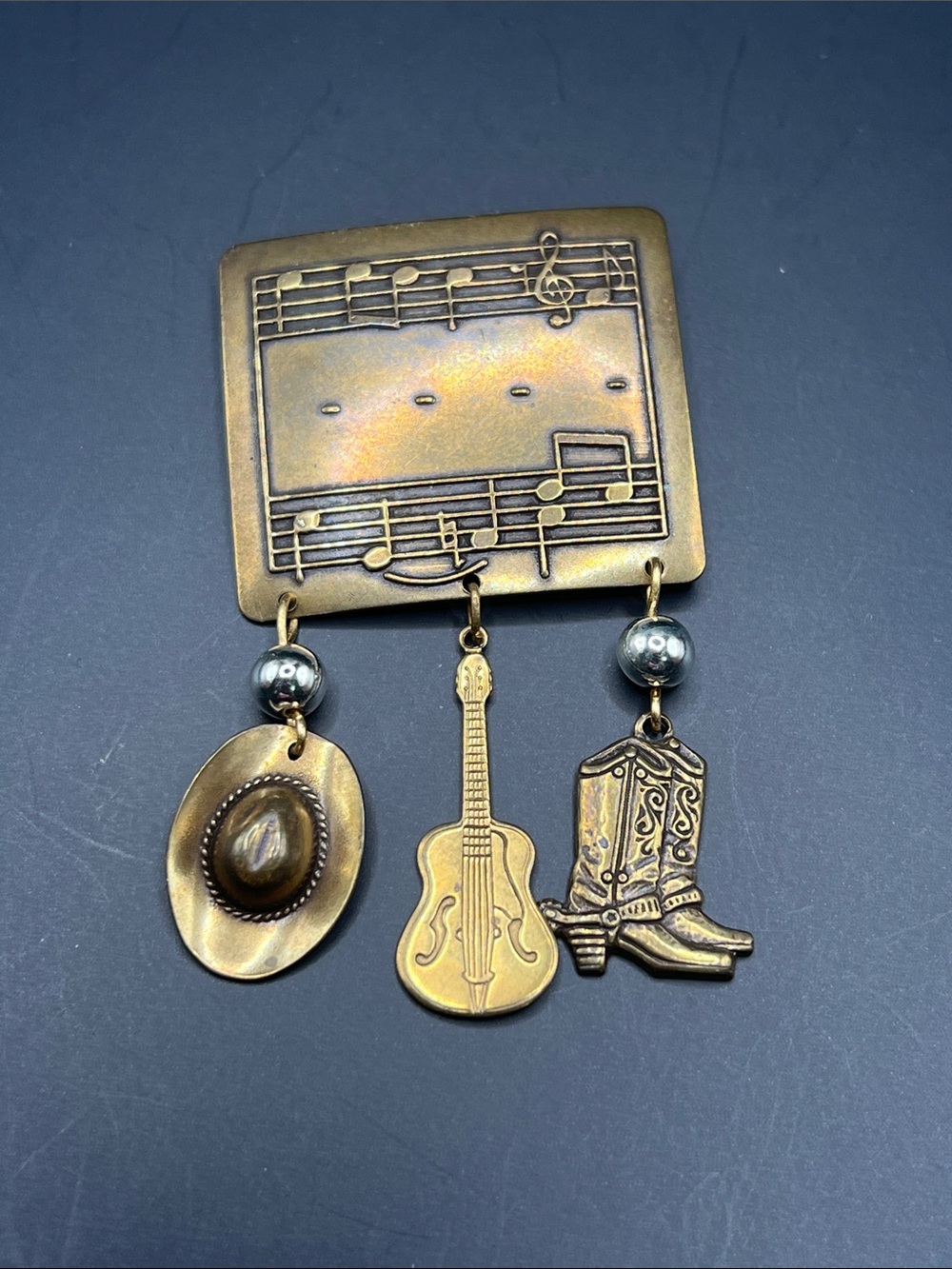 Bronze-Tone Music & Western Charm Brooch — Gold/Bronze